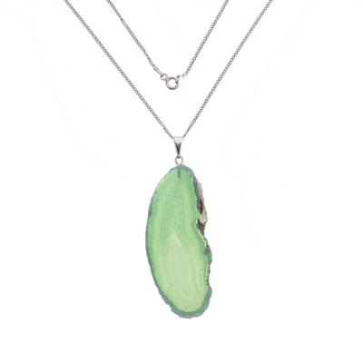 Pendant made of natural, polished slice of green agate gemstone, threaded on a sterling silver chain. 