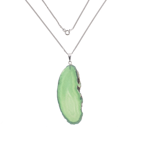 Pendant made of natural, polished slice of green agate gemstone, threaded on a sterling silver chain. 