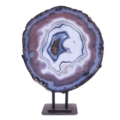 Polished slice of natural chalcedony gemstone with crystal quartz, placed on a black metallic base. The product has a height of 48cm. 