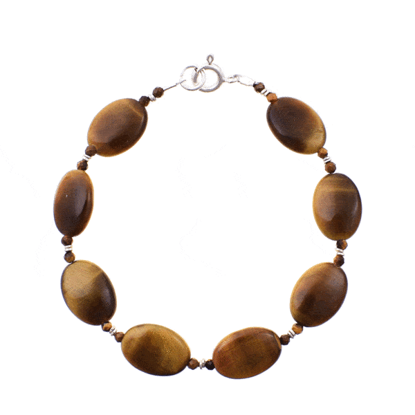 Handmade bracelet made of natural tiger's eye gemstones in an oval and spherical shape, with decorative sterling silver elements. Buy online shop.