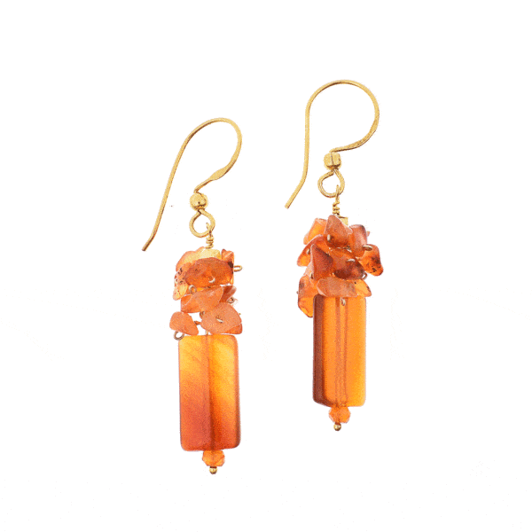 Handmade long earrings made from natural carnelian gemstones in different shapes and gold plated sterling silver. Buy online shop.