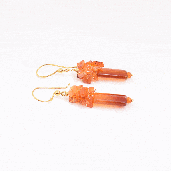 Handmade long earrings made from natural carnelian gemstones in different shapes and gold plated sterling silver. Buy online shop.