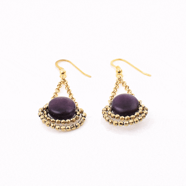 Handmade long earrings made of gold plated sterling silver and natural amethyst and pyrite gemstones. Buy online shop.