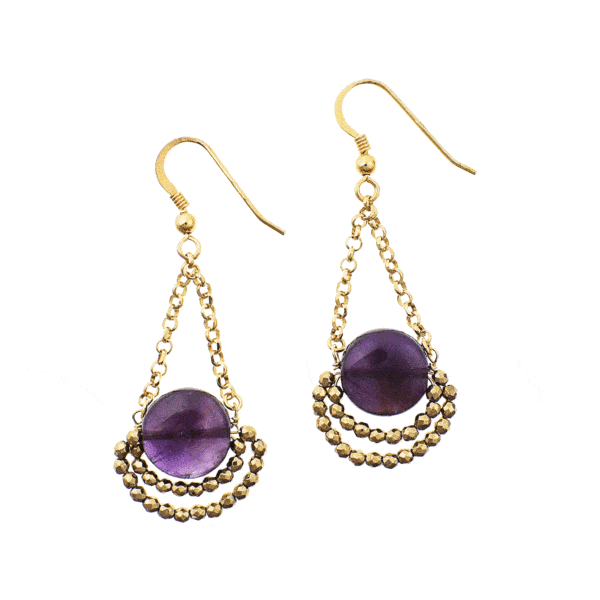 Handmade long earrings made of gold plated sterling silver and natural amethyst and pyrite gemstones. Buy online shop.