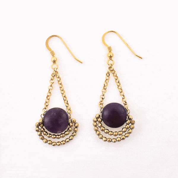 Handmade long earrings made of gold plated sterling silver and natural amethyst and pyrite gemstones. Buy online shop.