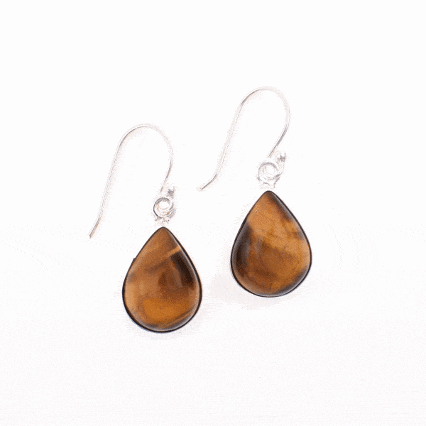 Handmade long earrings made of sterling silver and natural tiger's eye gemstone in a teardrop shape. Buy online shop.