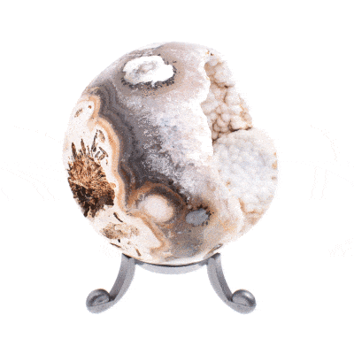 Sphere made of natural agate gemstone with crystal quartz and a diameter of 7cm. The sphere comes with a grey plexiglass base. Buy online shop.