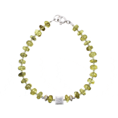 Handmade bracelet made of natural, wheel and spherical shaped peridot gemstones, decorated with sterling silver elements. Buy online shop.