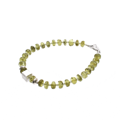 Handmade bracelet made of natural, wheel and spherical shaped peridot gemstones, decorated with sterling silver elements. Buy online shop.