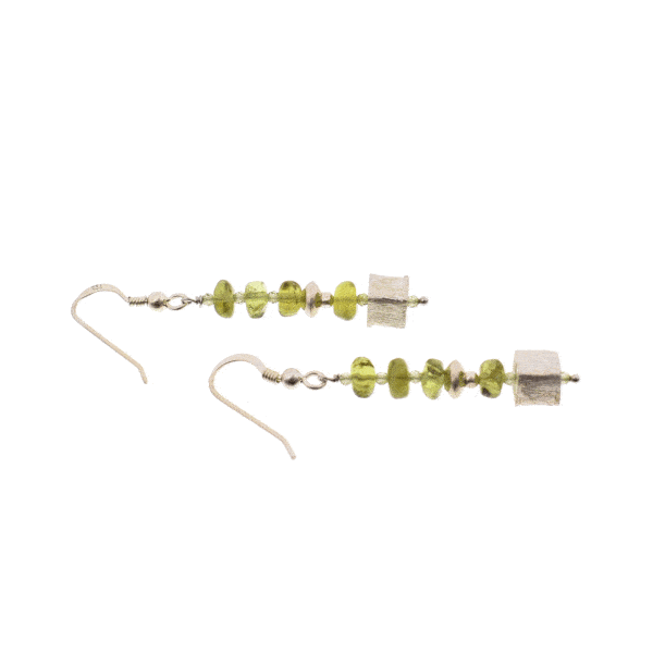 Handmade, long sterling silver earrings with natural, wheel and spherical shaped peridot gemstones. Buy online shop.