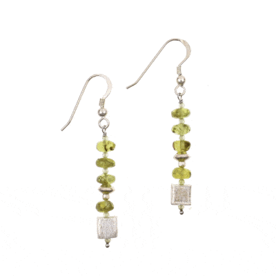 Handmade, long sterling silver earrings with natural, wheel and spherical shaped peridot gemstones. Buy online shop.