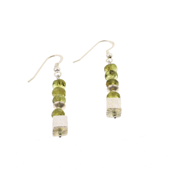 Handmade, long sterling silver earrings with natural, wheel and spherical shaped peridot gemstones. Buy online shop.