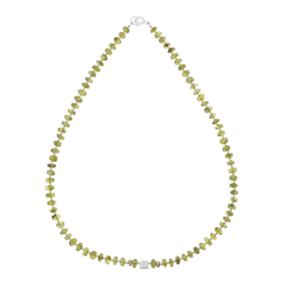 Handmade necklace made of natural, wheel and spherical shaped peridot gemstones, decorated with sterling silver elements. Buy online shop.