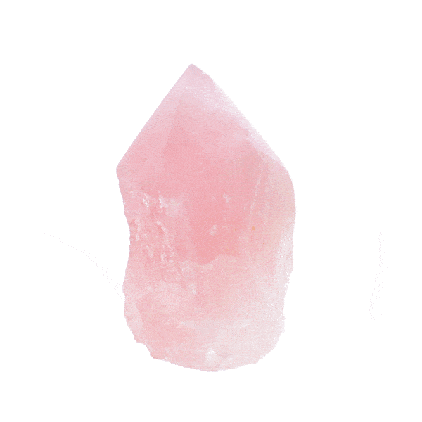 Polished top 7.5cm point made from raw natural pink quartz gemstone. Buy online shop.