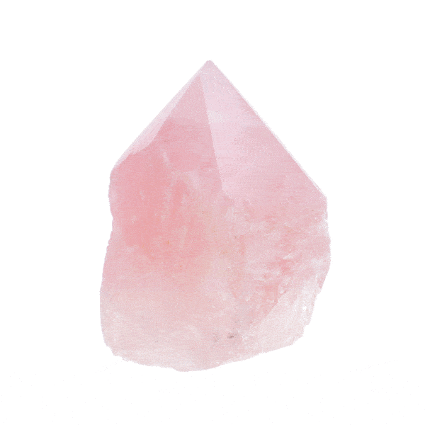 Polished top 7.5cm point made from raw natural pink quartz gemstone. Buy online shop.