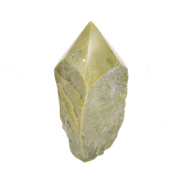 Polished top 10cm point made from raw natural green opal gemstone. Buy online shop.