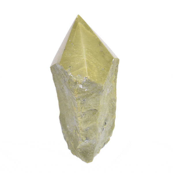 Polished top 10cm point made from raw natural green opal gemstone. Buy online shop.