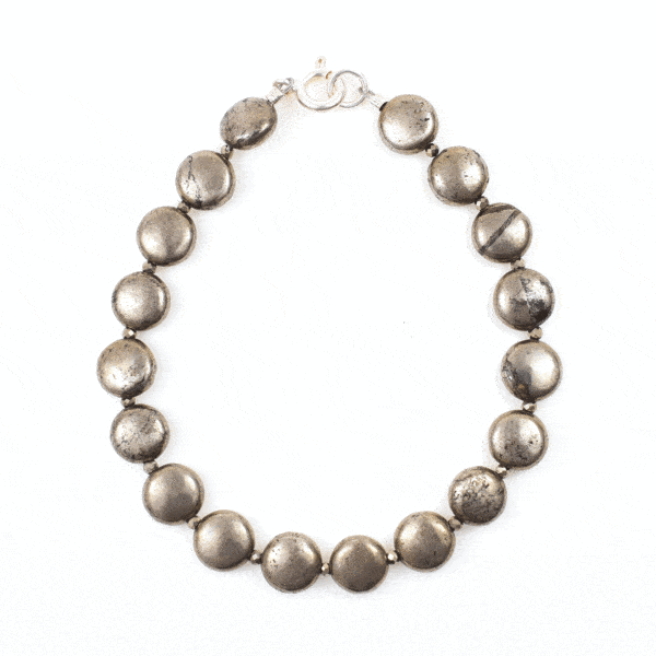 Handmade bracelet with natural spherical and round shaped pyrite gemstones and sterling silver clasp.