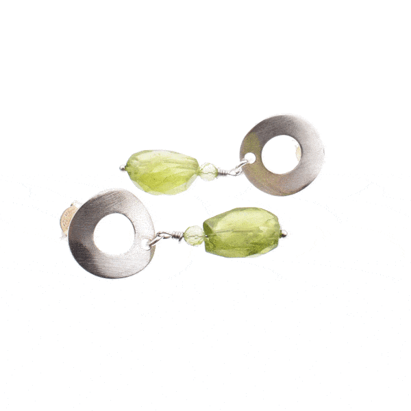 Handmade, long sterling silver earrings with natural, oval and spherical shaped peridot gemstones. Buy online shop.