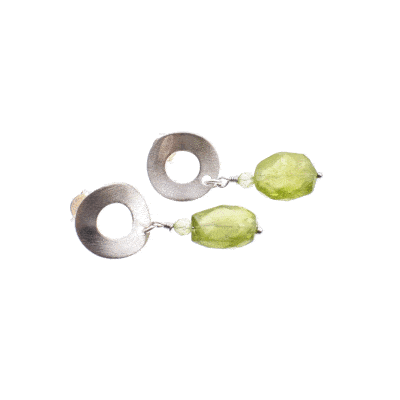 Handmade, long sterling silver earrings with natural, oval and spherical shaped peridot gemstones. Buy online shop.