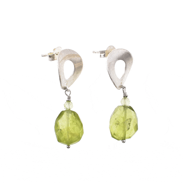 Handmade, long sterling silver earrings with natural, oval and spherical shaped peridot gemstones. Buy online shop.