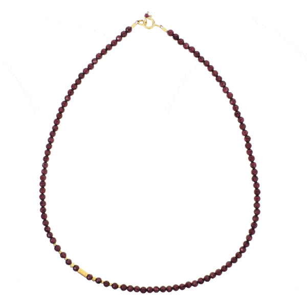 Handmade necklace made of natural, spherical shaped garnet gemstones and gold plated sterling silver decorative elements. Buy online shop.