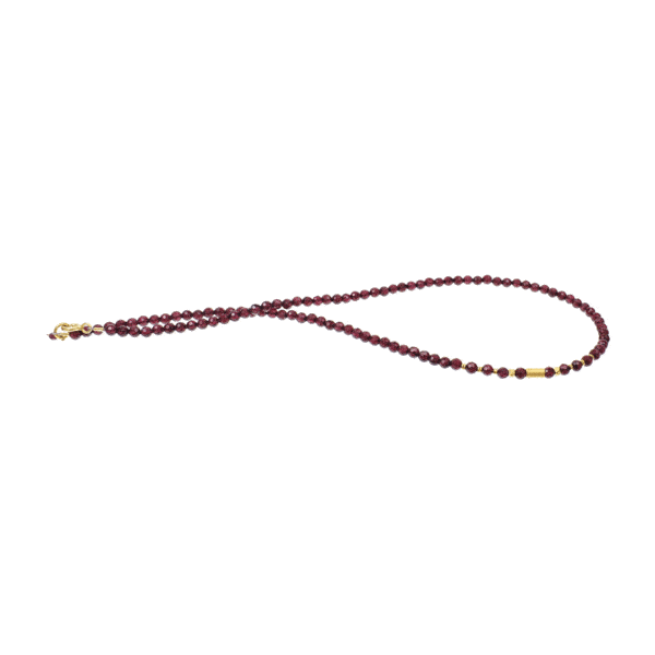 Handmade necklace made of natural, spherical shaped garnet gemstones and gold plated sterling silver decorative elements. Buy online shop.