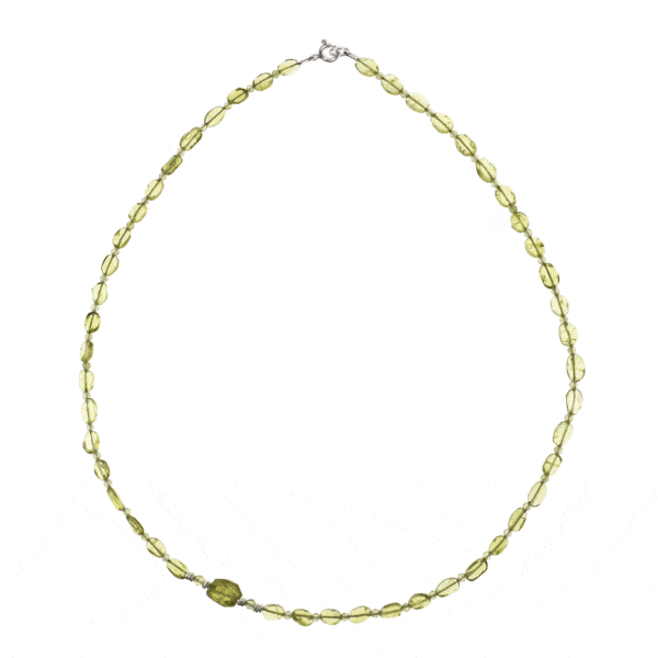 Handmade necklace made of natural, oval and spherical shaped peridot gemstones, decorated with sterling silver elements. Buy online shop.