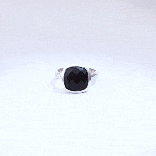 Handmade ring made of natural, faceted, square shaped black onyx gemstone and sterling silver.