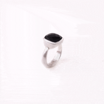 Handmade ring made of natural, faceted, square shaped black onyx gemstone and sterling silver.