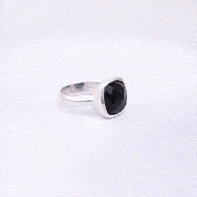 Handmade ring made of natural, faceted, square shaped black onyx gemstone and sterling silver.