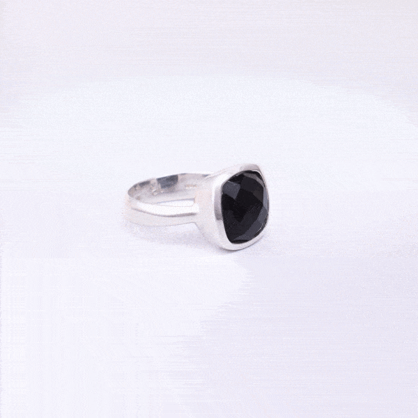 Handmade ring made of natural, faceted, square shaped black onyx gemstone and sterling silver.