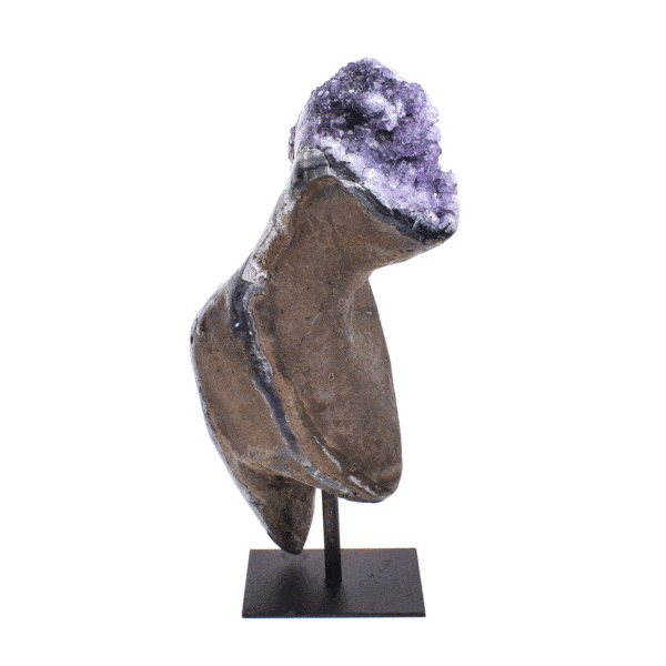 Natural 21cm amethyst gemstone with polished outline, embedded into a black, metallic base.