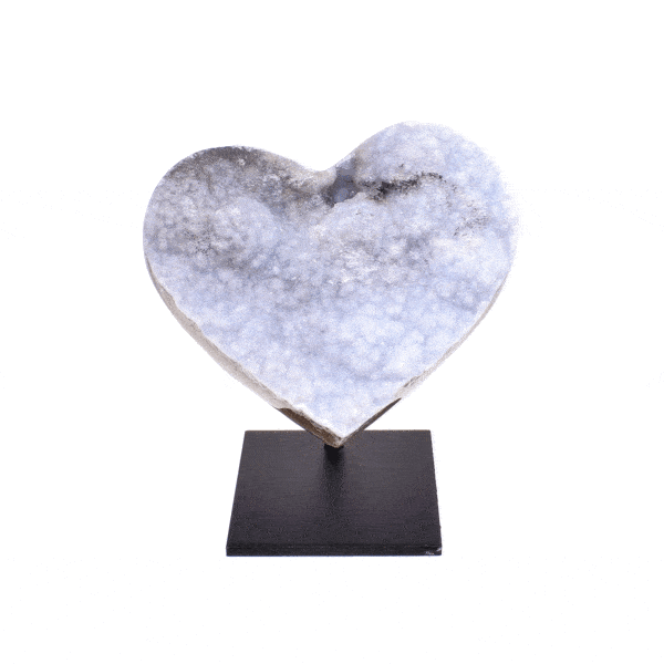 Natural heart shaped agate gemstone with crystal quartz, embedded into a black, metallic base. The product has a height of 6cm. 