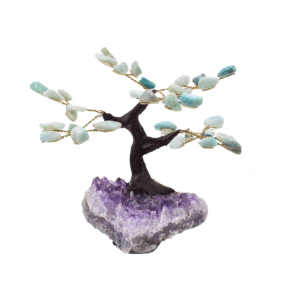 Handmade 11cm tree with leaves of natural, polished amazonite gemstones and natural, raw amethyst gemstone base.