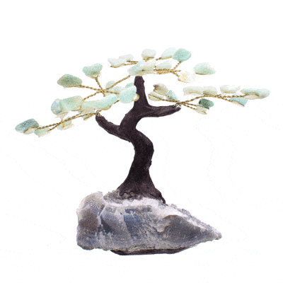 Handmade 11cm tree with leaves of natural, polished amazonite gemstones and natural, raw amethyst gemstone base.