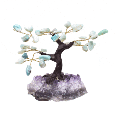 Handmade 11cm tree with leaves of natural, polished amazonite gemstones and natural, raw amethyst gemstone base.