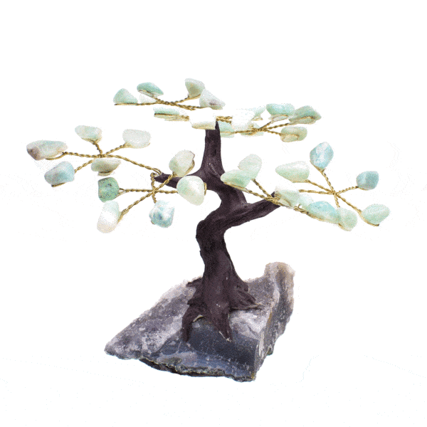 Handmade 11cm tree with leaves of natural, polished amazonite gemstones and natural, raw amethyst gemstone base.