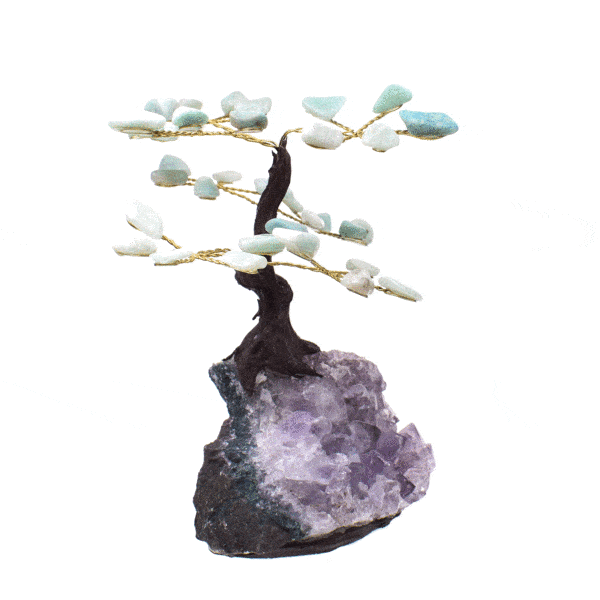 Handmade 13cm tree with leaves of natural, polished amazonite gemstones and natural, raw amethyst gemstone base.