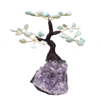 Handmade 13cm tree with leaves of natural, polished amazonite gemstones and natural, raw amethyst gemstone base.