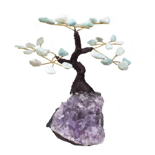 Handmade 13cm tree with leaves of natural, polished amazonite gemstones and natural, raw amethyst gemstone base.