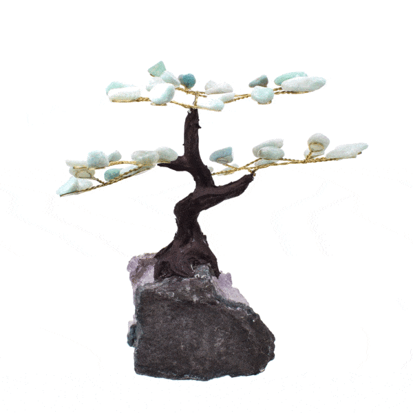 Handmade 13cm tree with leaves of natural, polished amazonite gemstones and natural, raw amethyst gemstone base.