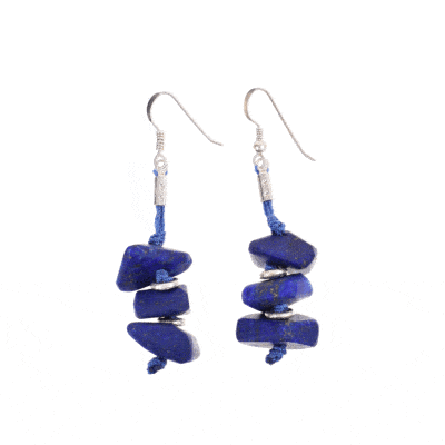 Handmade long earrings made of natural, irregular shaped lapis lazuli gemstones and sterling silver.