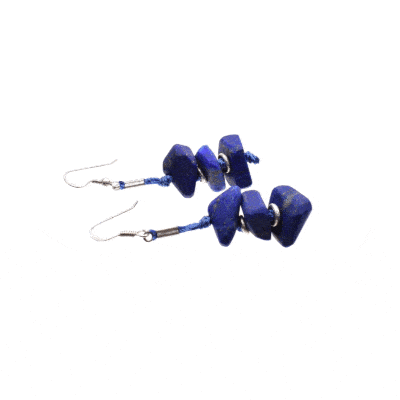 Handmade long earrings made of natural, irregular shaped lapis lazuli gemstones and sterling silver.