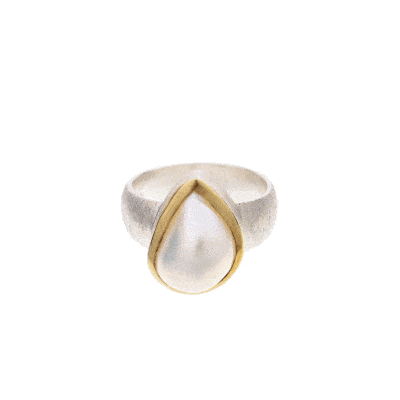 Handmade ring made of sterling silver and natural, teardrop shaped pearl. The ring has textured band and gold plated bezel. 