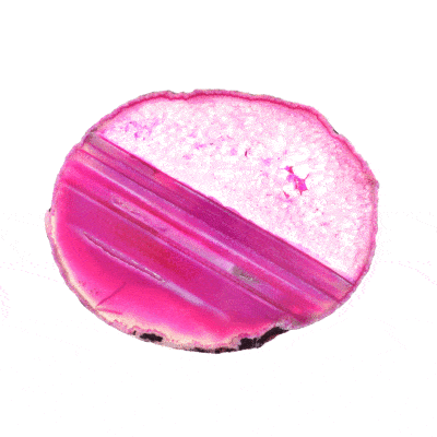 Polished 20cm slice of natural, pink agate gemstone with crystal quartz. 