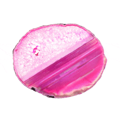 Polished 20cm slice of natural, pink agate gemstone with crystal quartz. 