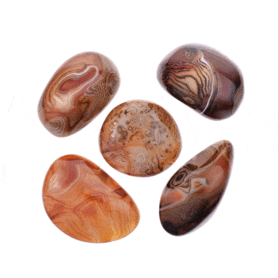 Natural tumbled sardonyx gemstones, ranging from 5cm to 6.5cm. 