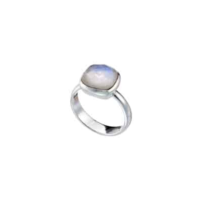 Ring made of sterling silver and natural, faceted, square shaped white labradorite gemstone.