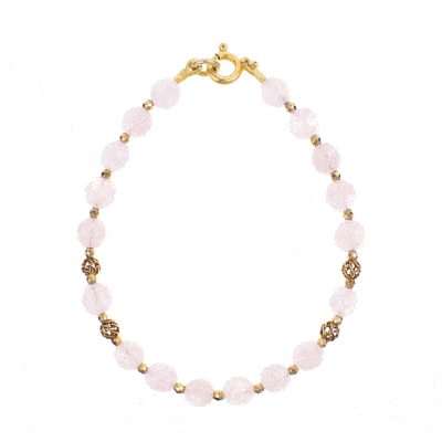 Handmade bracelet with natural, spherical shaped morganite and pyrite gemstones and gold plated sterling silver elements.